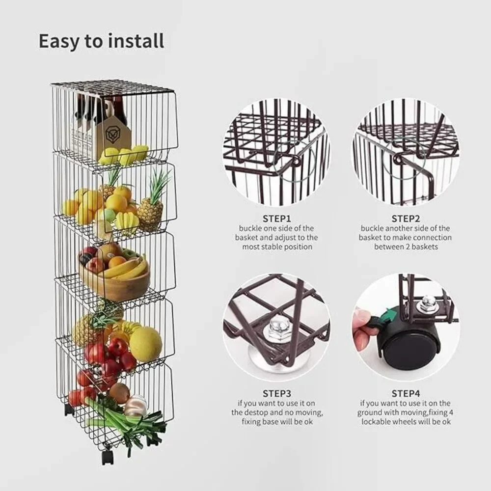 BENOSS Metal Fruit Basket w/Wheels Fruit & Vegetable Storage 5pc Stackable Bins